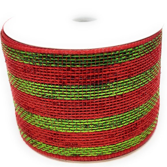 Christmas Red and Green Striped 4" Wide Metallic Deco Mesh Ribbon Garland - Picture 1 of 3